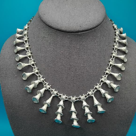 Vintage Japan Silver Tone Choker Necklace, Spiraling Dangles, 1950s Jewelry - Picture 2 of 11